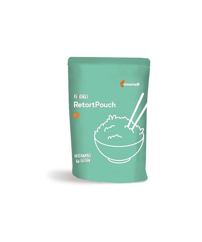 Illustration of a green retort pouch with a stylised animal line drawing on the packaging.